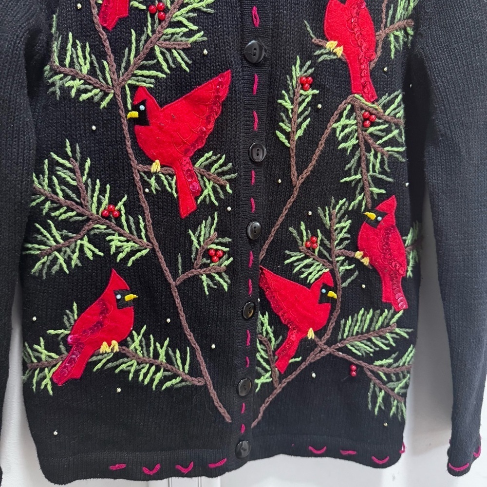 Vintage 1990s Knit Bird Pine Tree Graphic Cardigan Sweater Button Up Size Small - Picture 6 of 16